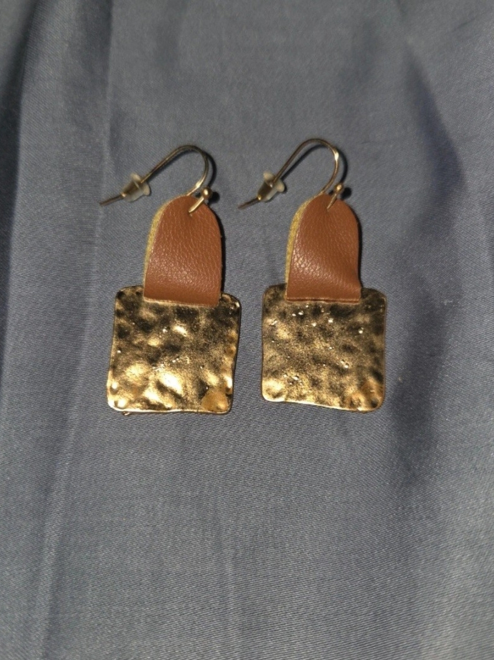 Hammered Gold & Brown Leather Drop Earrings - Women Jewelry